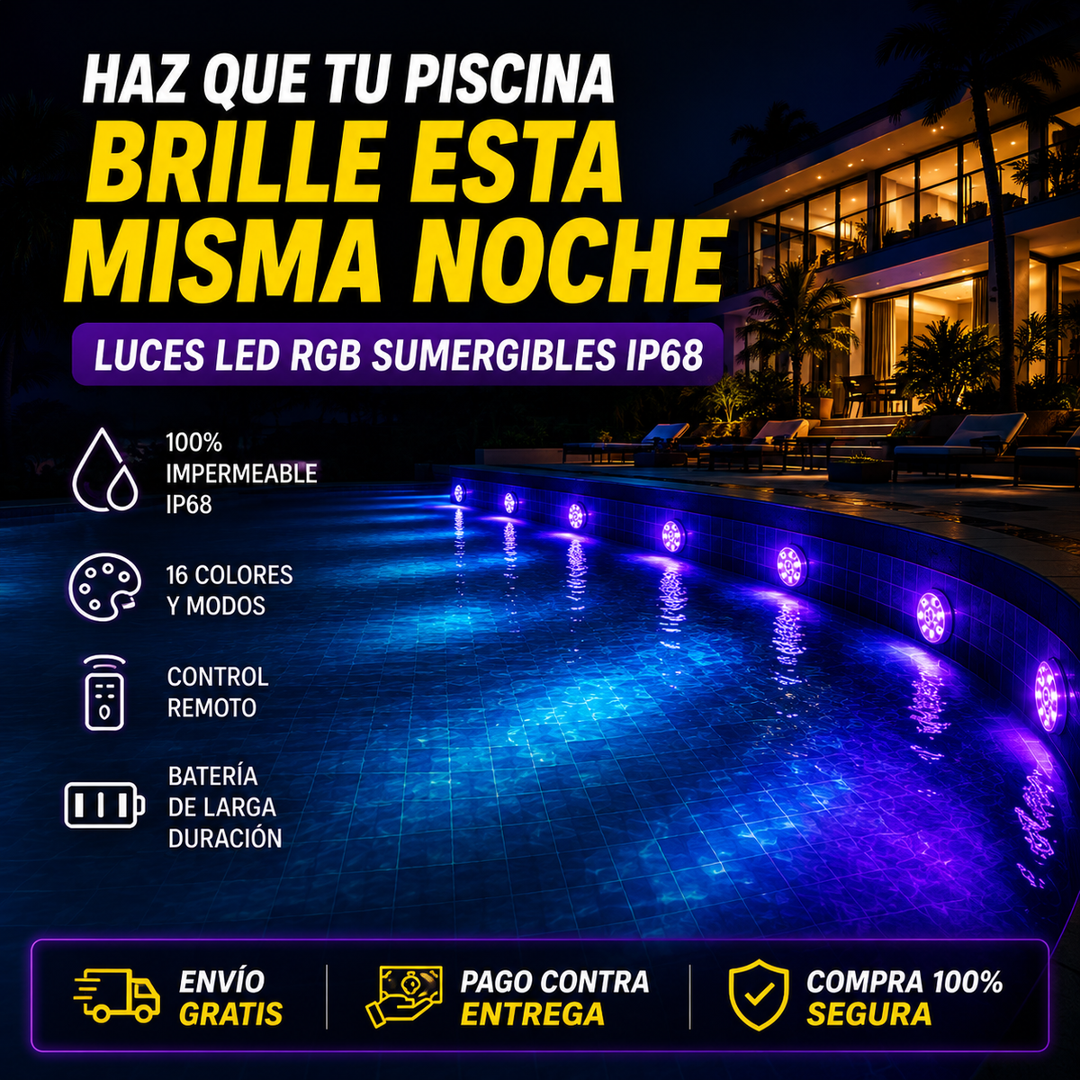 ¡LIQUIDACIÓN DE STOCK! KIT 4 LUCES LED RGB PARA PISCINA | 60% OFF | ¡ÚLTIMAS UNIDADES!
