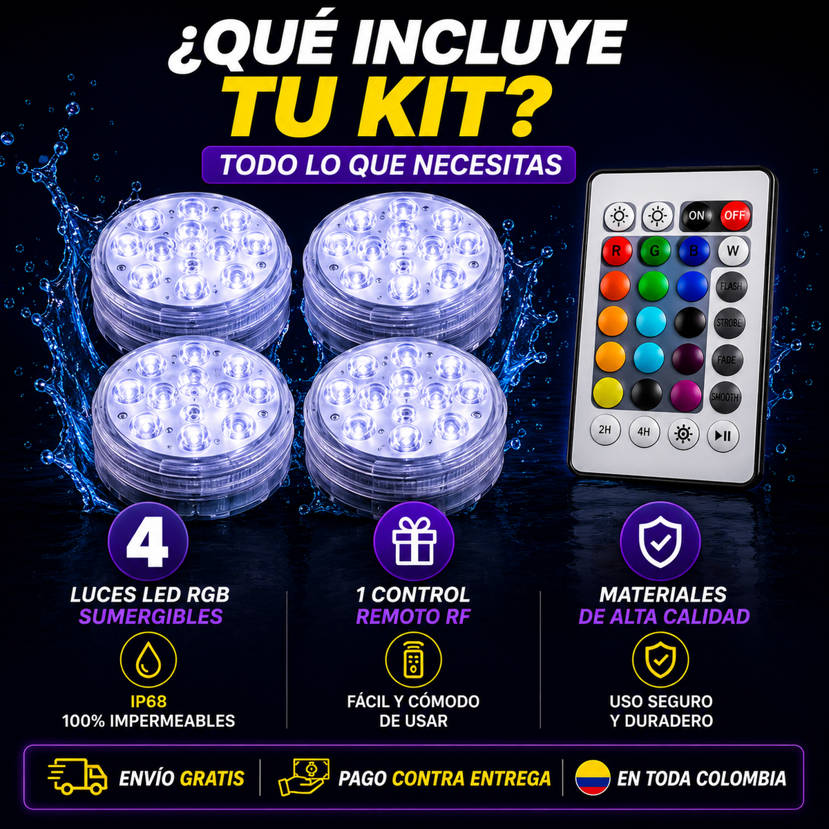 ¡LIQUIDACIÓN DE STOCK! KIT 4 LUCES LED RGB PARA PISCINA | 60% OFF | ¡ÚLTIMAS UNIDADES!
