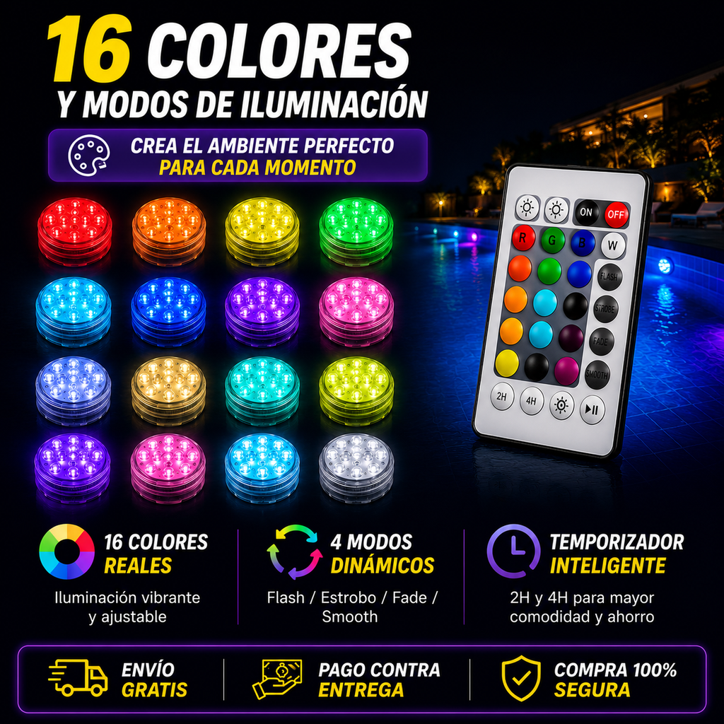 ¡LIQUIDACIÓN DE STOCK! KIT 4 LUCES LED RGB PARA PISCINA | 60% OFF | ¡ÚLTIMAS UNIDADES!