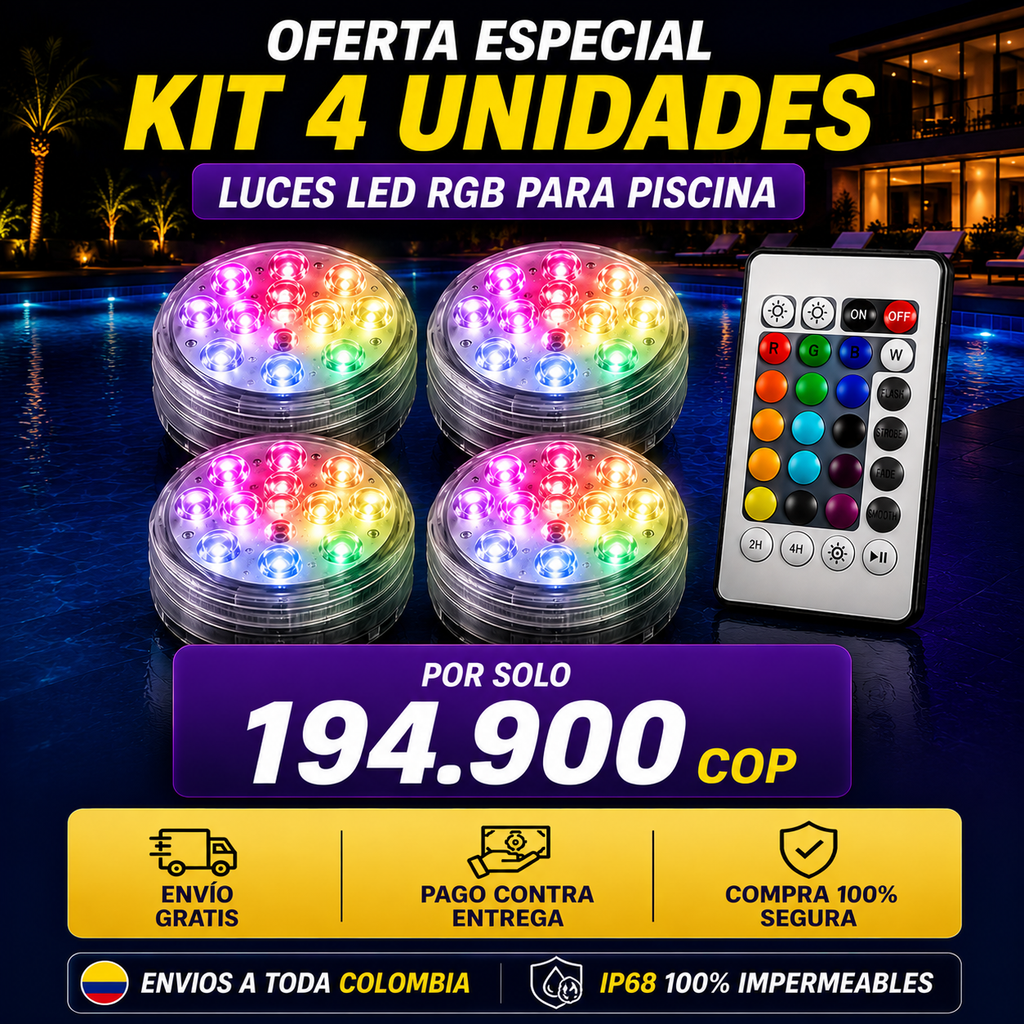 ¡LIQUIDACIÓN DE STOCK! KIT 4 LUCES LED RGB PARA PISCINA | 60% OFF | ¡ÚLTIMAS UNIDADES!