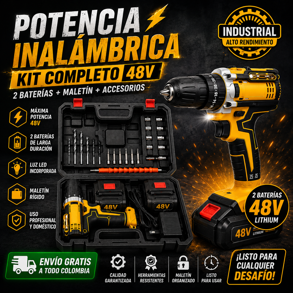 🔥 ¡LIQUIDACIÓN! TALADRO INALÁMBRICO INDUSTRIAL 48V | 2 BATERÍAS + MALETÍN + KIT COMPLETO | 50% OFF