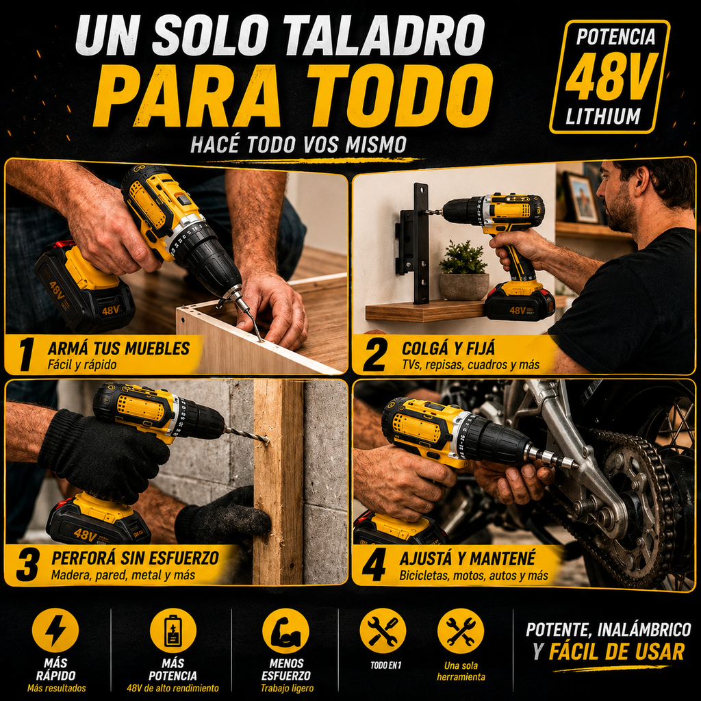 🔥 ¡LIQUIDACIÓN! TALADRO INALÁMBRICO INDUSTRIAL 48V | 2 BATERÍAS + MALETÍN + KIT COMPLETO | 50% OFF