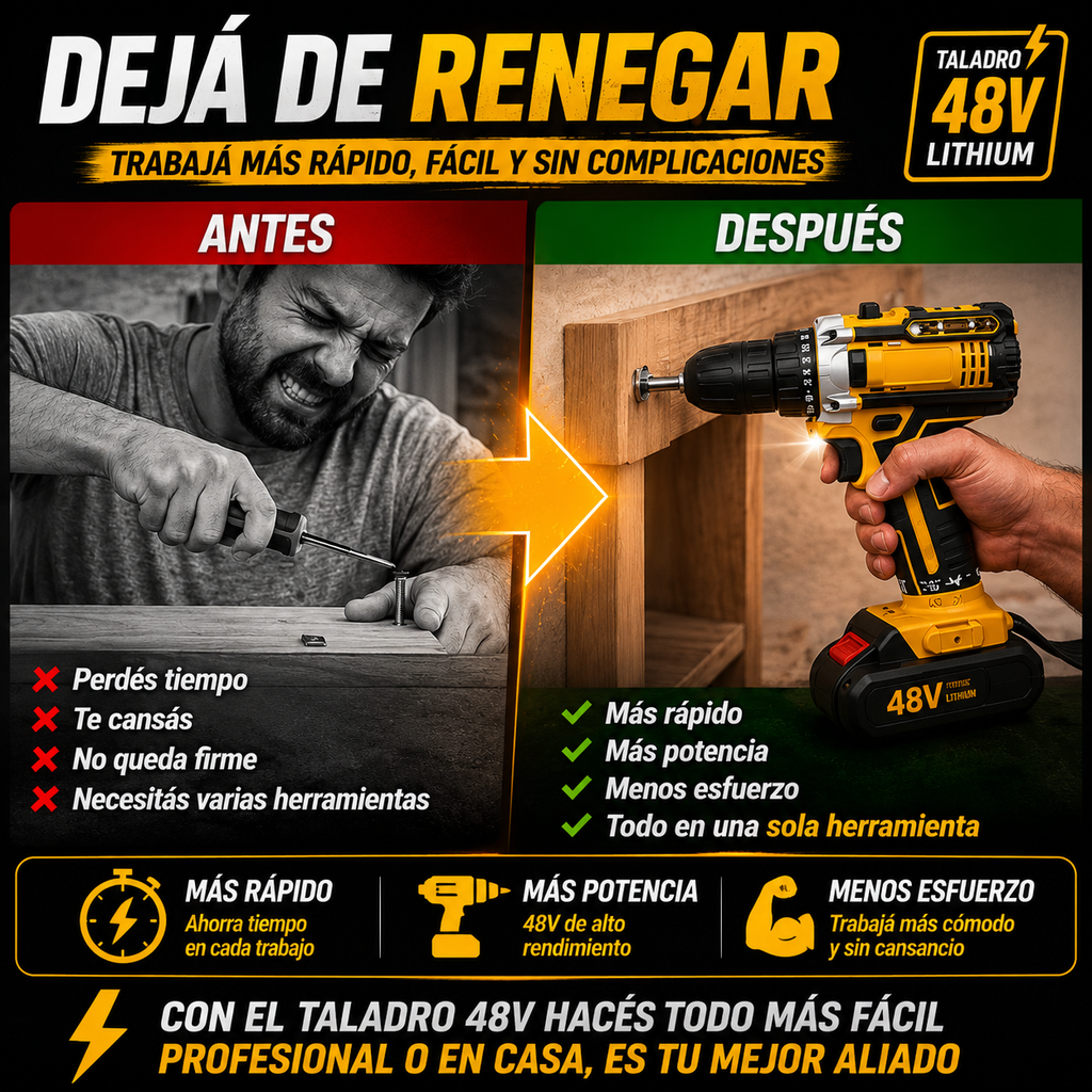 🔥 ¡LIQUIDACIÓN! TALADRO INALÁMBRICO INDUSTRIAL 48V | 2 BATERÍAS + MALETÍN + KIT COMPLETO | 50% OFF