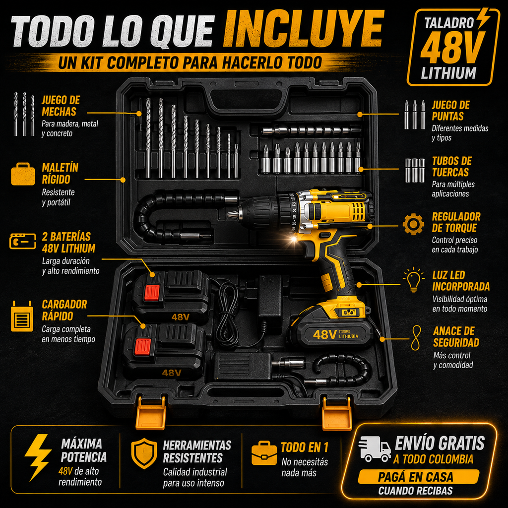 🔥 ¡LIQUIDACIÓN! TALADRO INALÁMBRICO INDUSTRIAL 48V | 2 BATERÍAS + MALETÍN + KIT COMPLETO | 50% OFF